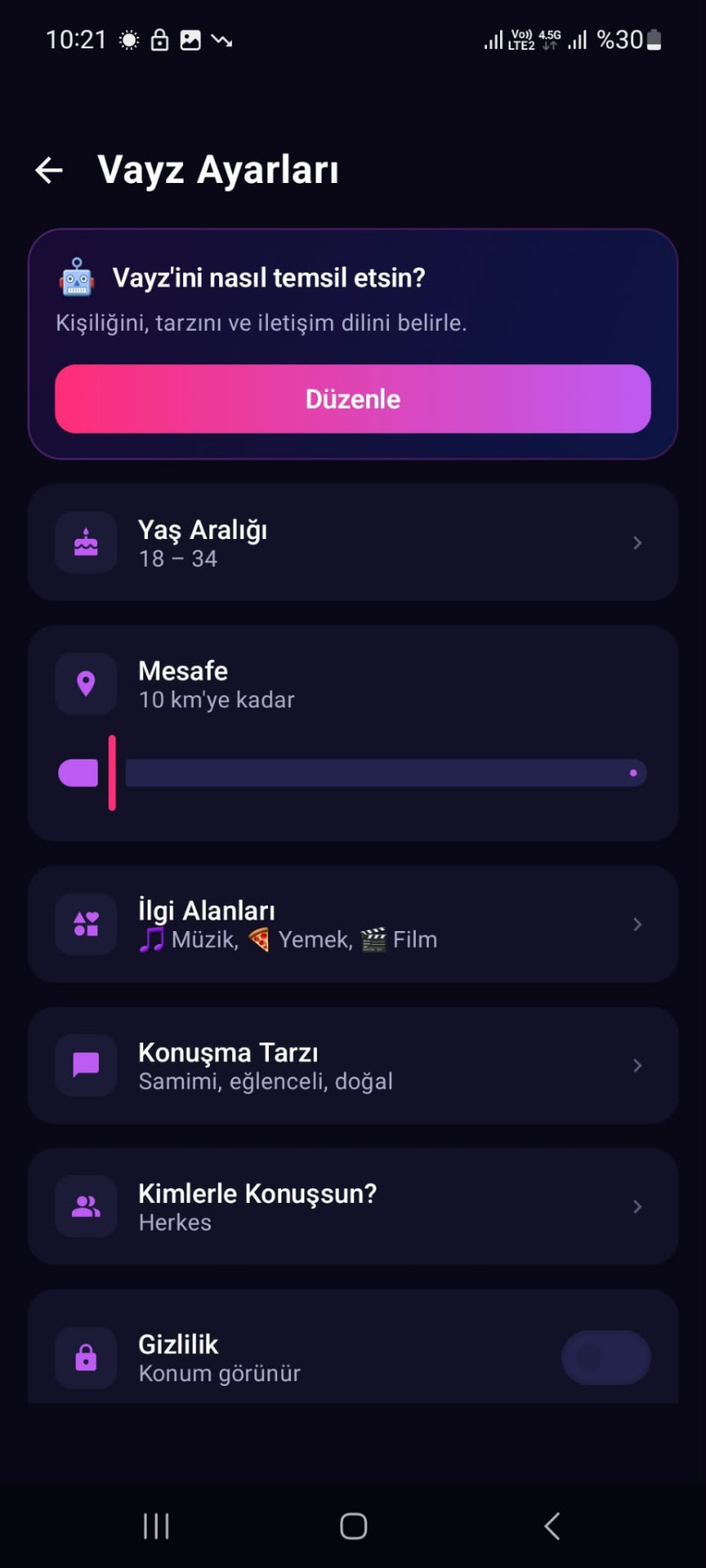 Vayz ayarları